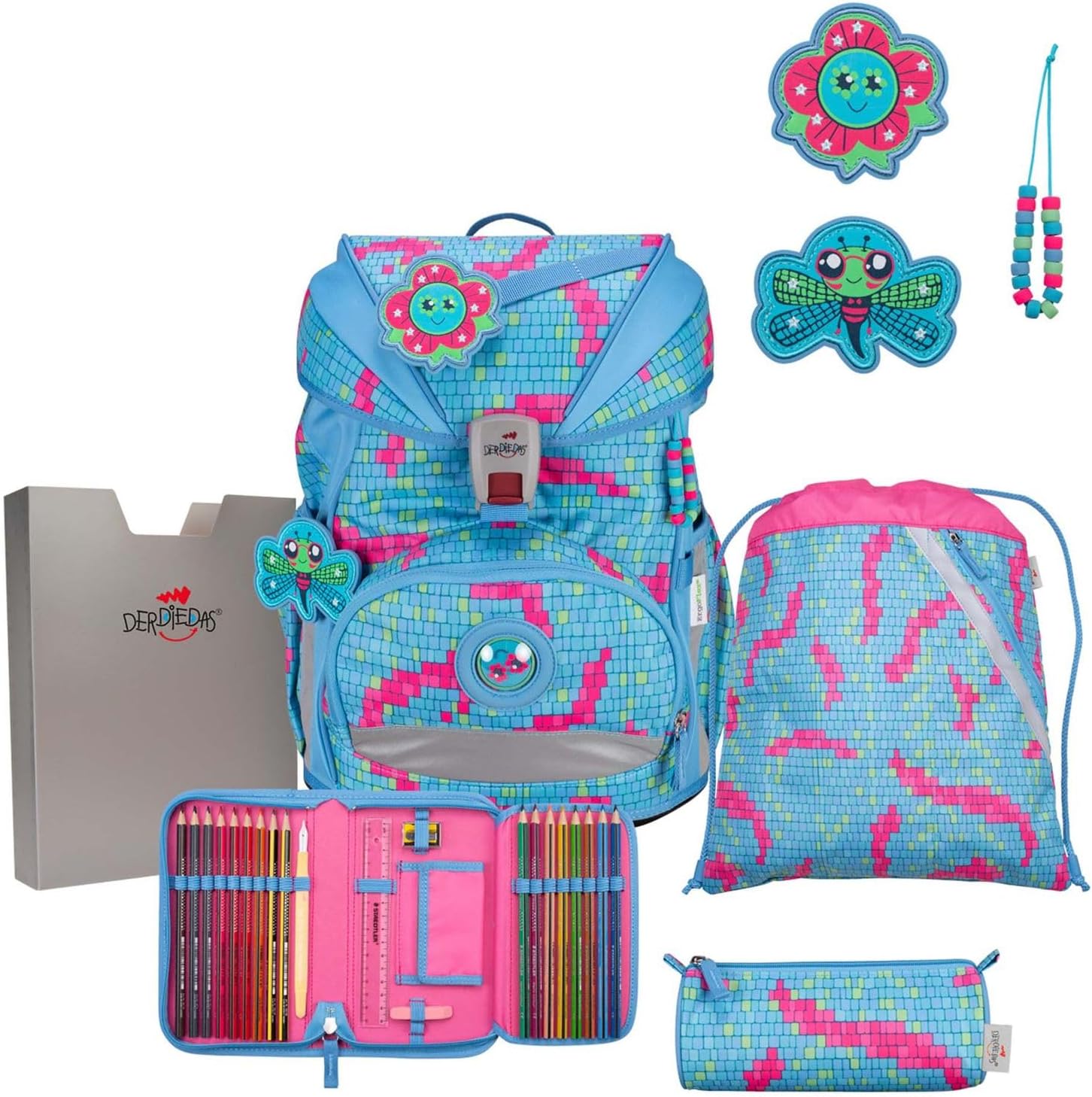 DerDieDas ErgoFlex Superlight School Bag Set 5 Pieces Happy Pixel