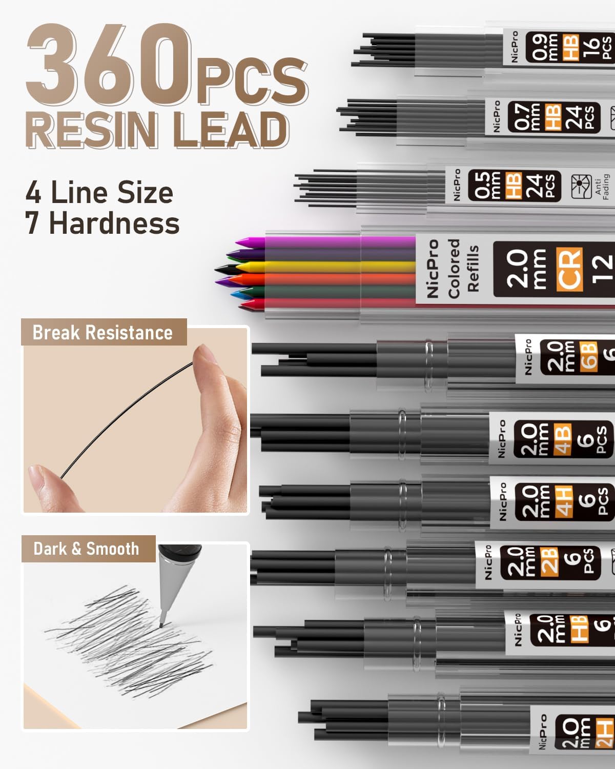 Nicpro 35-Piece Art Mechanical Pencil Set, Metal Pencils 0.5 & 0.7 & 0.9 mm and 3 Pieces 2 mm Lead Pencil with 20 Cans of Replacement Leads (Colours 6B, 4B, 2B HB, 2H, 4H) for Sketching and Drawing – Bild 4