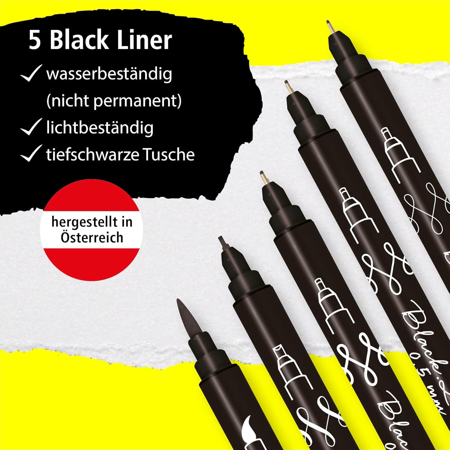 Online 5 x Fineliner Black Water Resistant with Brush Pen, Fineliner Tips and Calligraphy Tip Black Hand Lettering Set Ink Pens for Bullet Journal, Sketchnotes & DIY Gifts – Bild 2