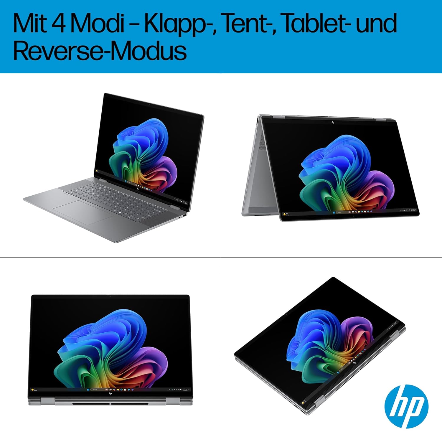 HP OmniBook X Flip 2-in-1 Next Gen AI Laptop, AMD Ryzen AI 5 340 (6C), Dedicated NPU for AI, 50 NPU Tops, Copilot+ PC, 16 Inch WUXGA 1920 x 1200 Touchscreen, 16 GB, 512 GB SSD, Win11, QWERTZ, Silver – Bild 4