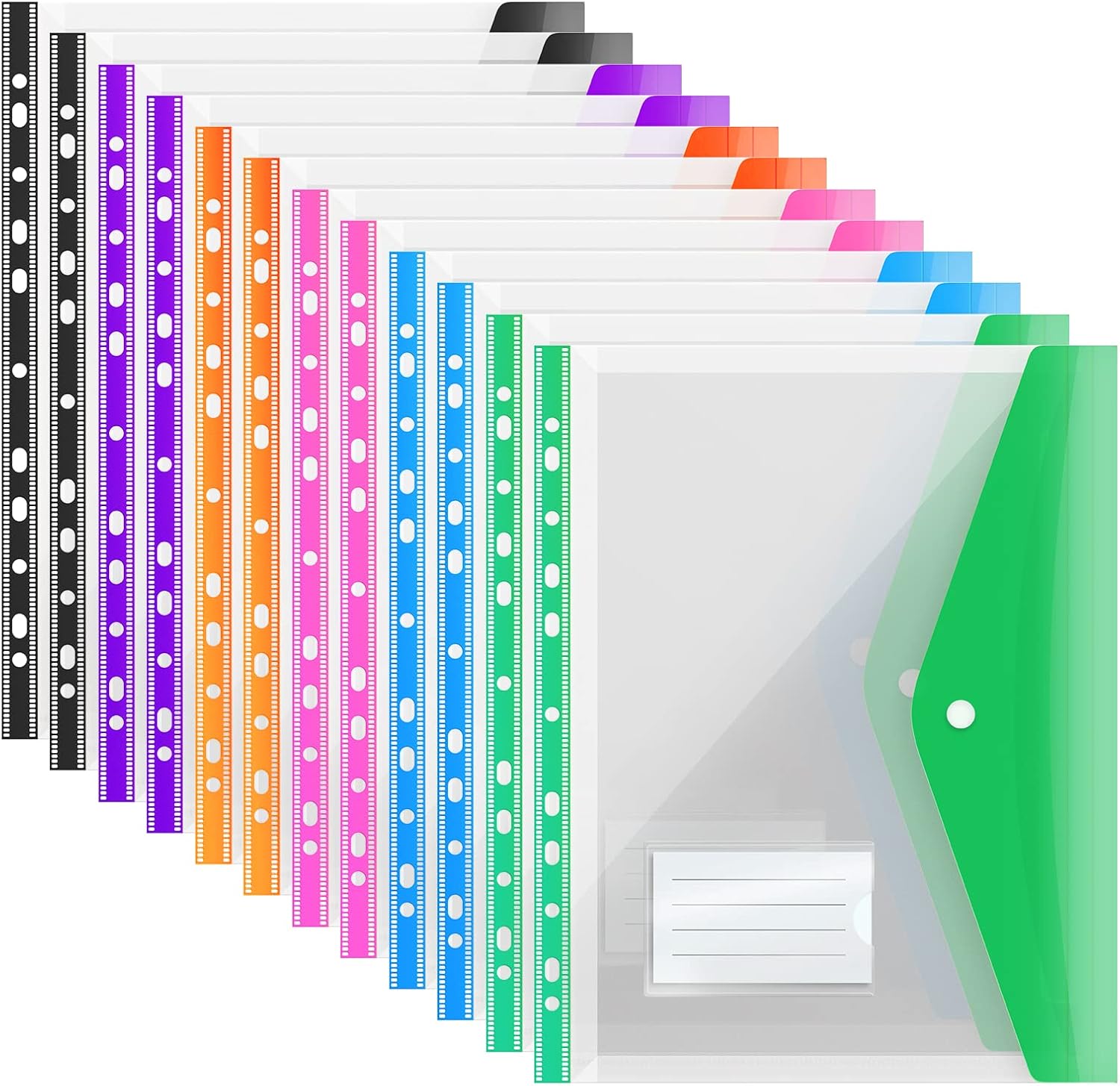 ABC life Pack of 12 Document Wallets A4 Filing, Expandable Hole Pockets, A4 Transparent Pocket Document Folders Wallet Bag for Document Organising with Snap Button and Label Pocket, 6 Colours