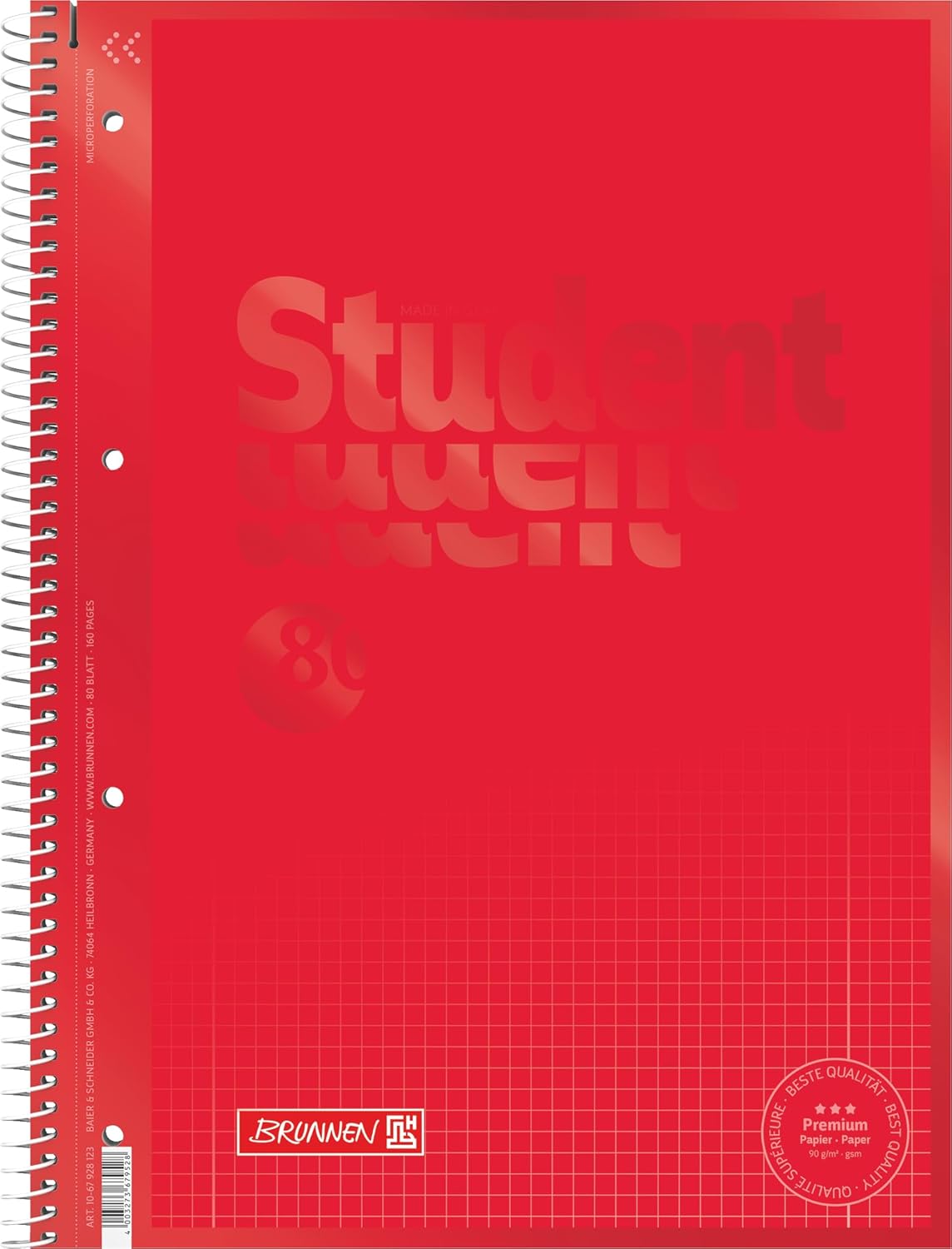Brunnen 1067928190 Student Spiral-Bound Notebook, Squared, A4, Ruling: 28, 90 g/m², 80 sheets, red