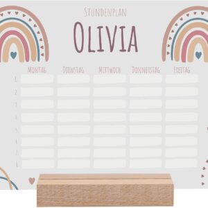 Timetable Wipeable Personalised with Name + Wooden Holder and Pen - DIN A4 - Gifts for School Enrolment - School Gift Girl/Boy - Start of School - Weekly Plan Child Rainbow