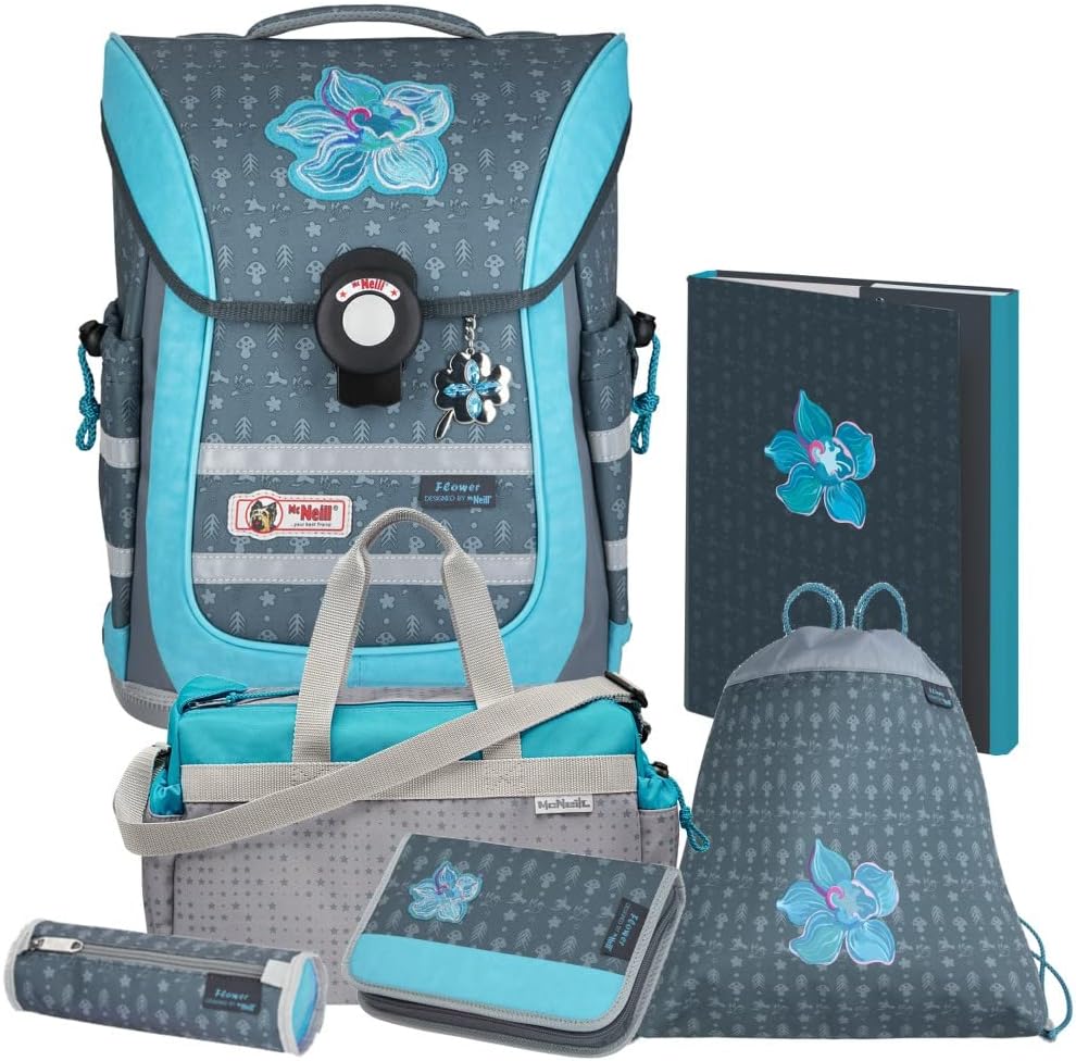 Generisch Flower McNeill Ergo Pure Flex School Bag Set of 6 with Star Sports Bag A4 Free, Turquoise / Grey