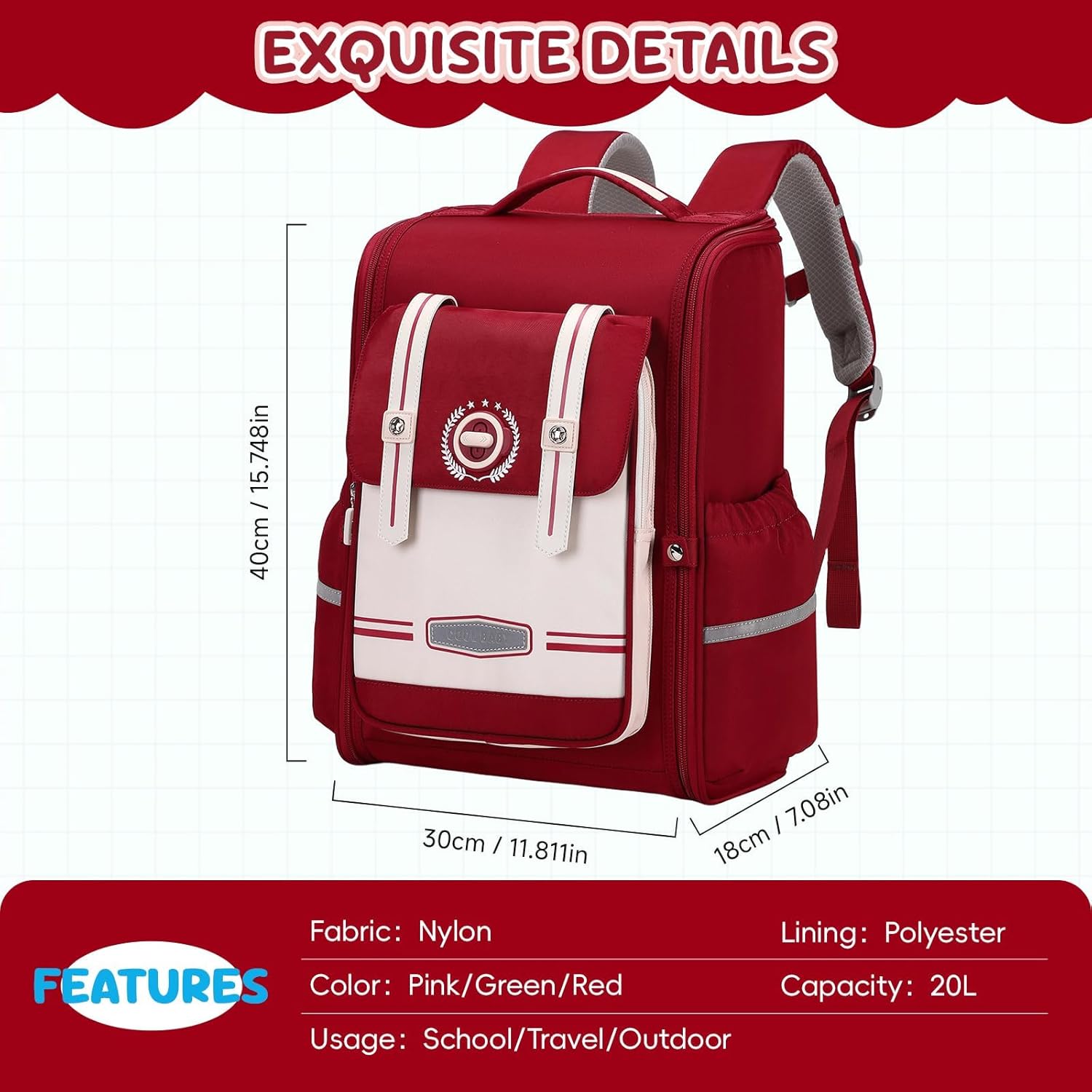 School Backpack Girls Ergonomic, Children's Backpacks 1-4th Class with Chest Strap, 2025 School Bag School Lightweight with Reflective 21L - Red – Bild 6