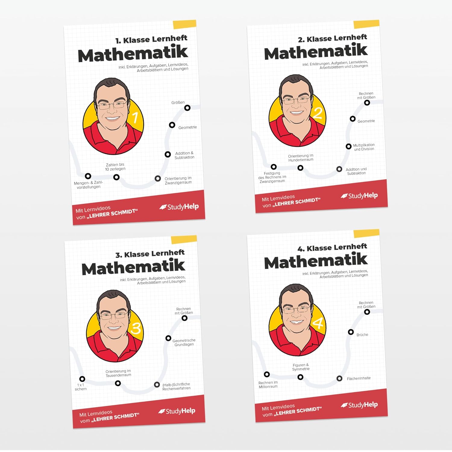 Mathe Lernhefte Set (Klasse 1 bis 4) für die Grundschule von Lehrer Schmidt: inkl. Lernvideos, weiteren Arbeitsblättern und interaktivem Übungsmaterial (Mathe mit Lehrer Schmidt: inklusive Lernvideos)