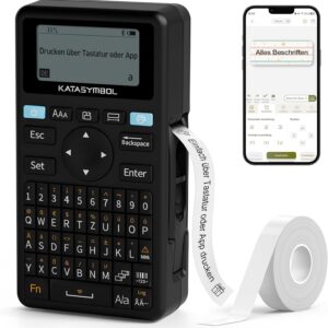 SUPVAN E11 Label Printer, German Layout (QWERTZ) Keyboard, with 1 Roll of Continuous Labels, Suitable for School, Office & Home, Black