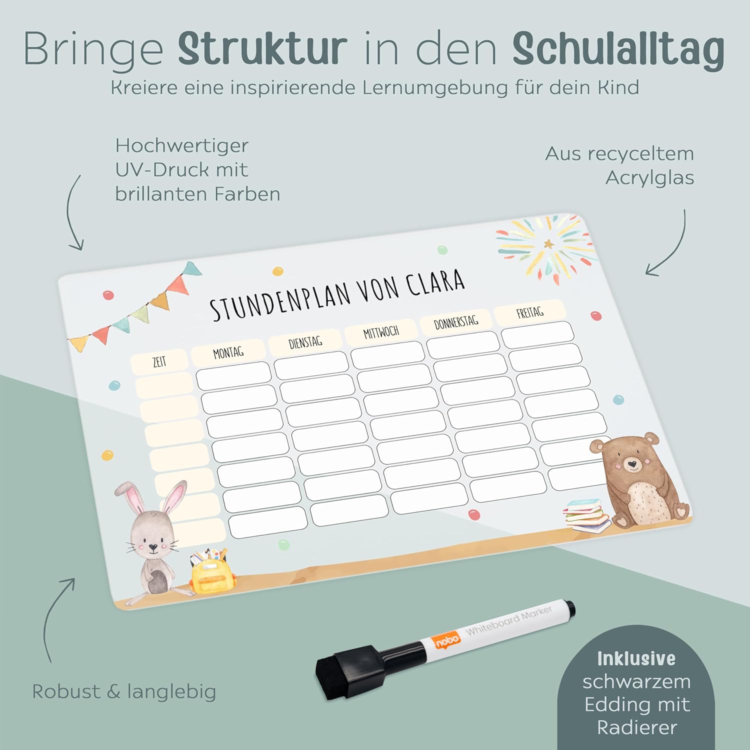 wunderwunsch® - Personalised & Washable Acrylic Timetable + Pen and Wooden Holder - School Gift for First Day of School or Primary School (Bar and Rabbit, without Wooden Holder) – Bild 4