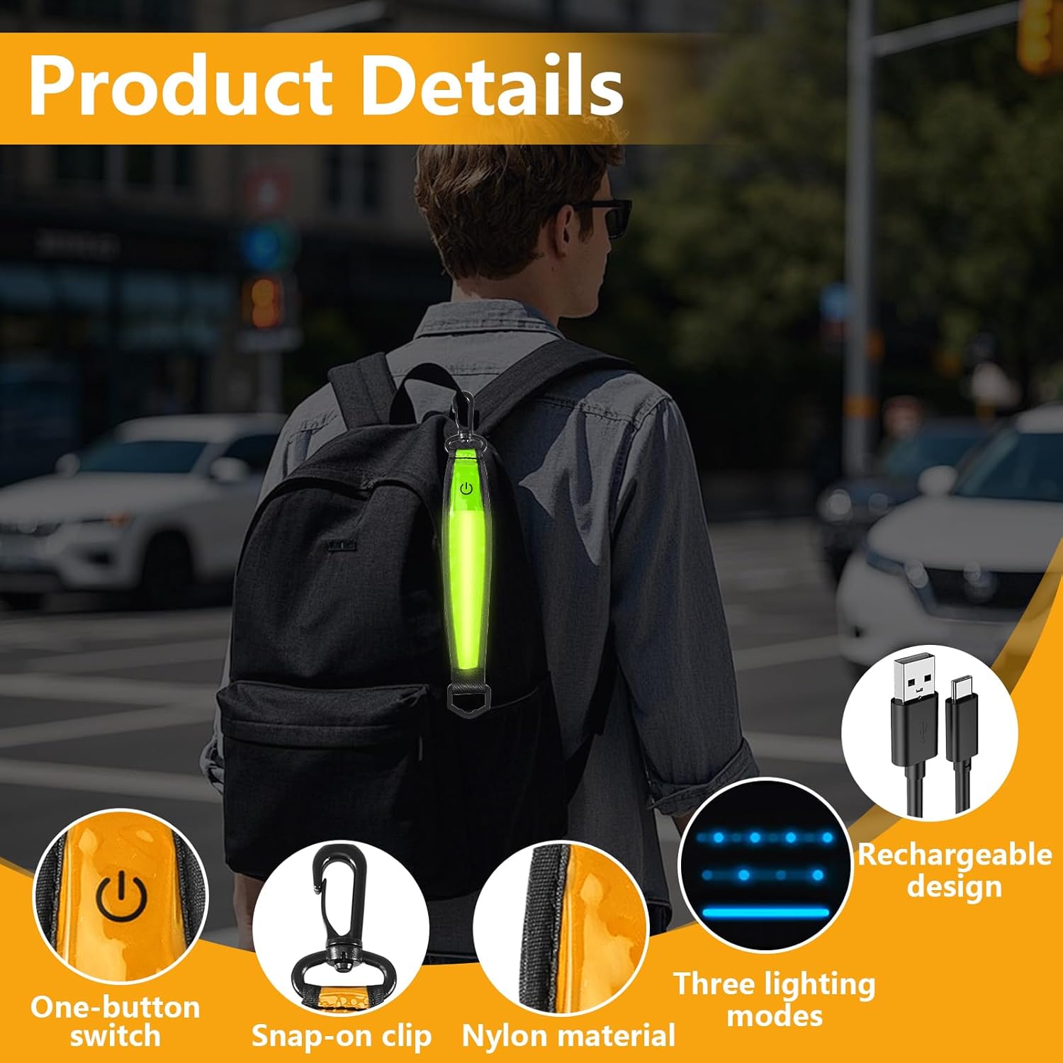 Pack of 4 LED Flashing Light School Bags - Rechargeable Backpack Lights, 3 Light Modes, USB Charging, Waterproof Reflector Pendant, Children's Safety Light for Running, Jogging, Hiking – Bild 3