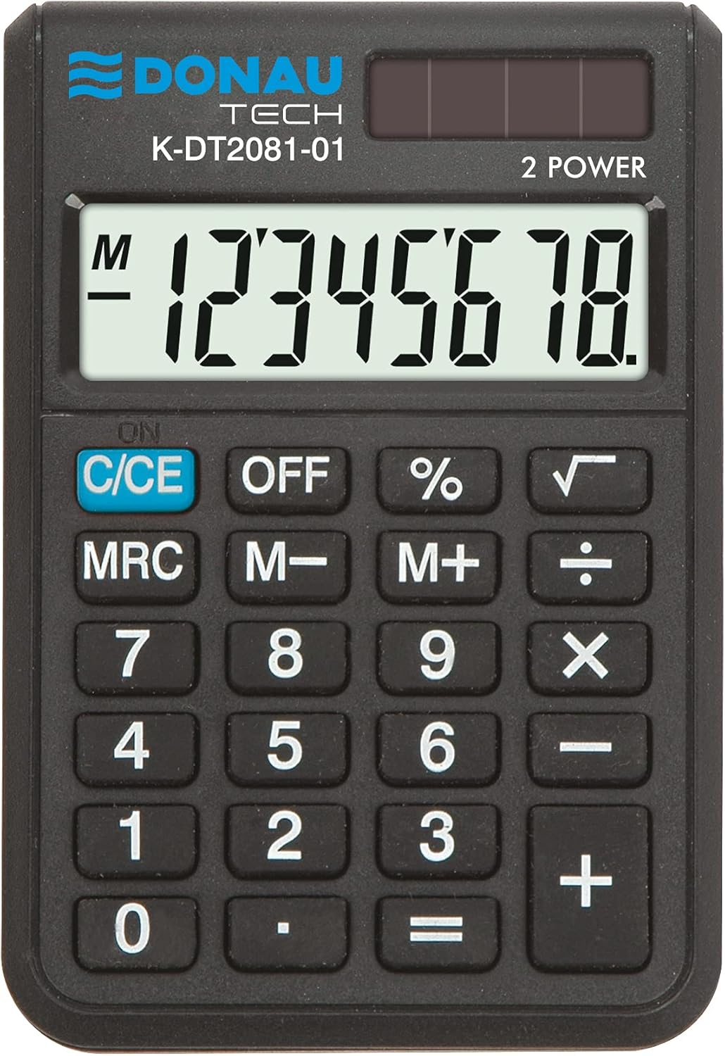 DONAU TECH/K-DT2081-01 Calculator 8-Digit Root Function 90 x 60 x 11 mm Black with 8-Digit Display Dual Power Solar Battery Operated Compact Design