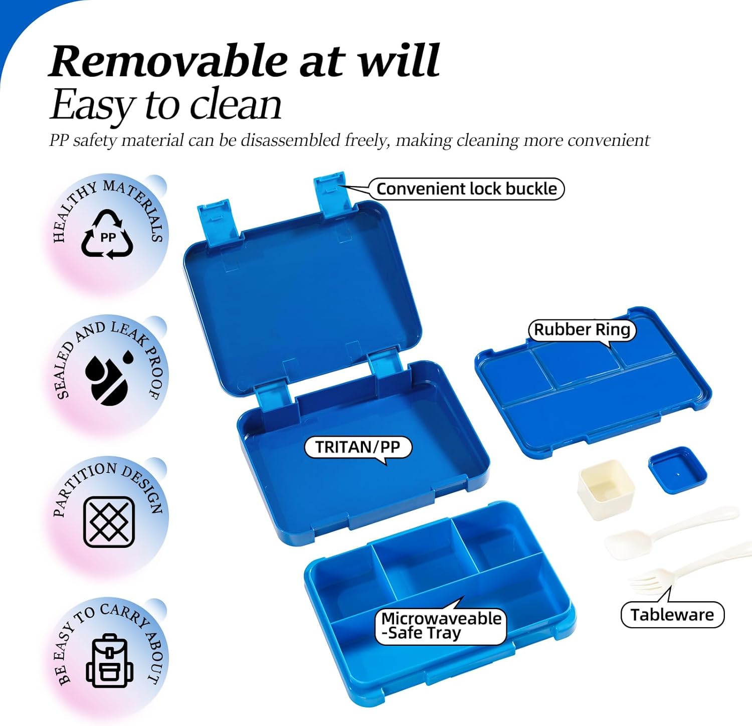 QCQHDU Children's Lunch Box with 5 Compartments - Lunch Box with Dividers, 1300 ml Bento Box for School, Nursery, Outdoor, Leakproof, Dishwasher Safe, BPA-Free, Food Container with Cutlery (Blue) – Bild 3