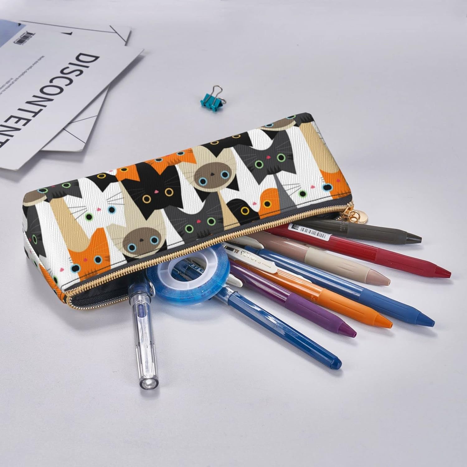 Cute Animal Cat Pencil Case Triangle Pencil Case Portable Pencil Case Leather Organizer Zipper Cosmetic Bag, White, Bag organiser – Bild 7
