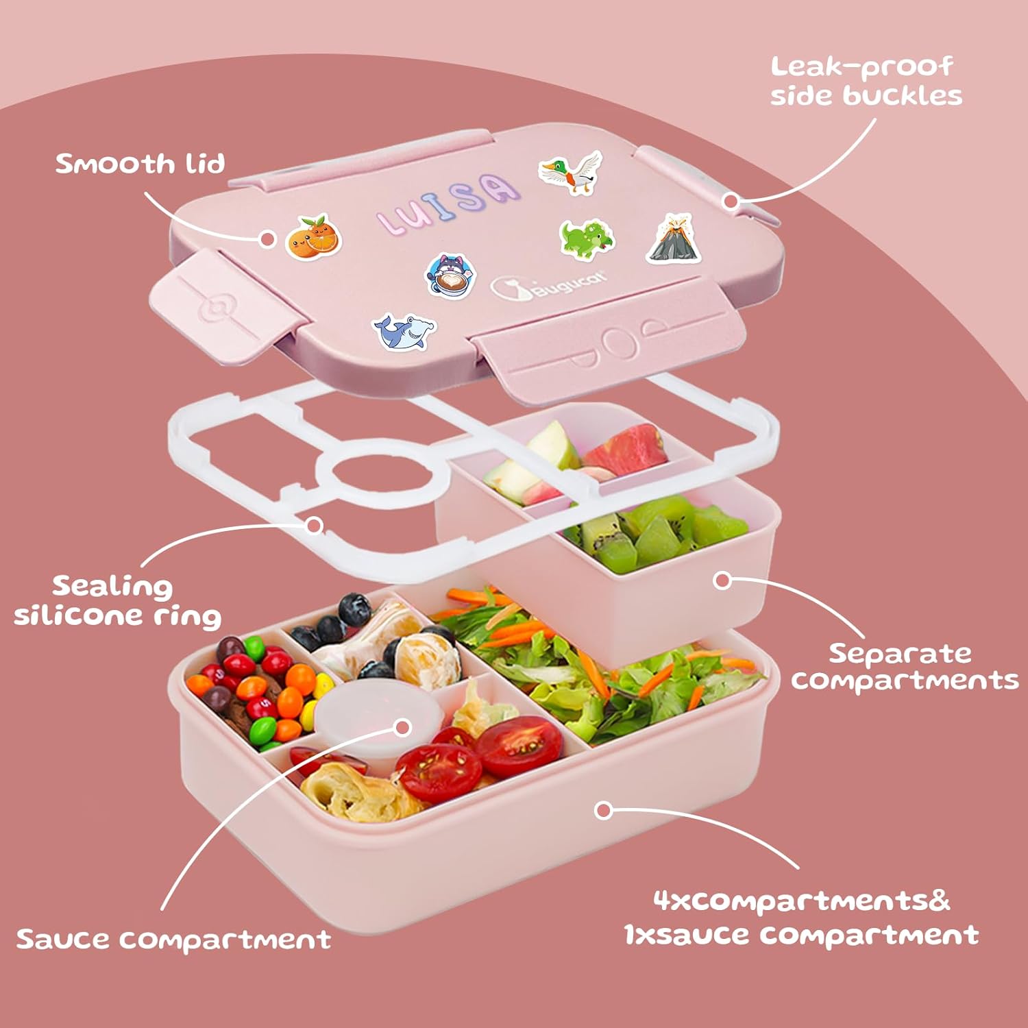 Bugucat Children's Lunch Box with Compartments, 1300 ml, Leak-Proof Lunch Box Children with 16 Stickers, Bento Box with Cutlery Set, Lunch Box, Lunch Box, Breakfast Box for Girls and Boys, Pink – Bild 3