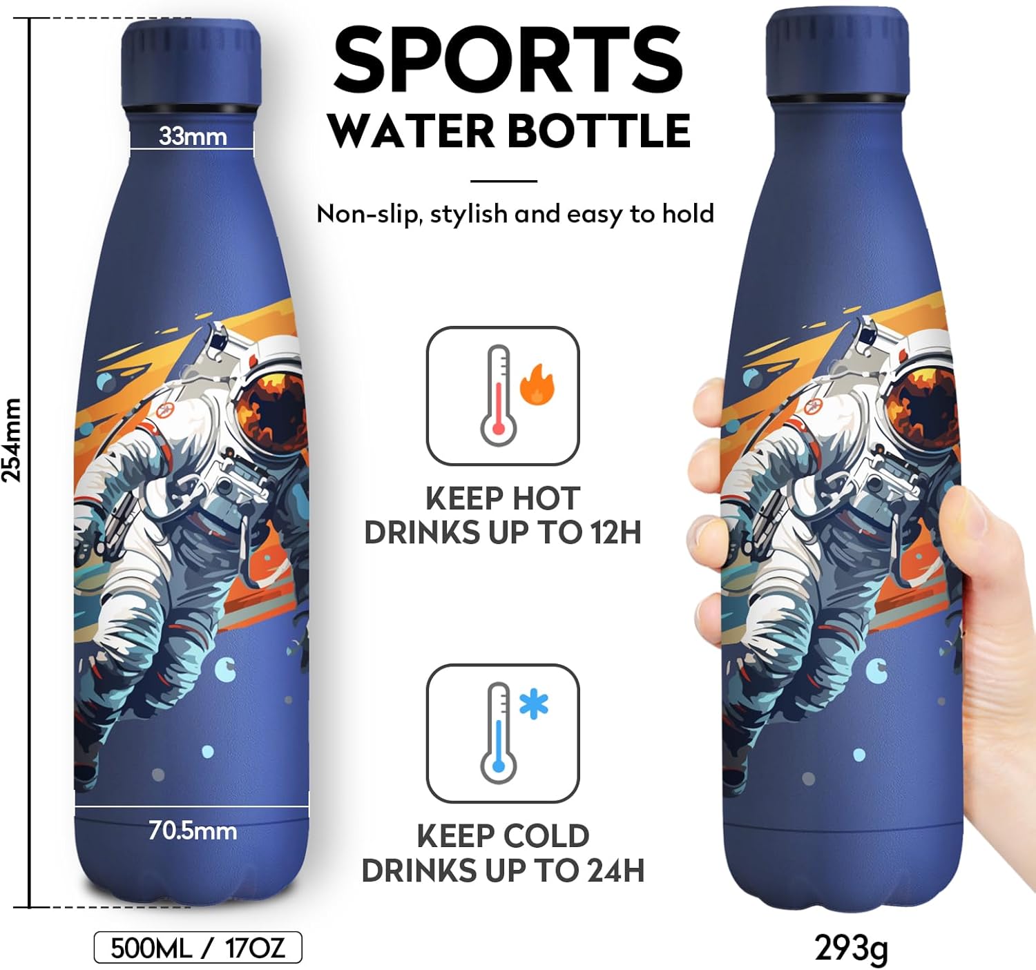KollyKolla Stainless Steel Drinking Bottle, 500 ml, 3D Print Drinking Bottle, Sports, Suitable for Carbonated Drinks, Leak-Proof Thermos Flask, BPA-Free, Drinking Bottles for Children, School, Sports – Bild 4