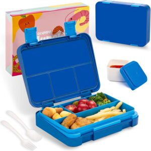QCQHDU Children's Lunch Box with 5 Compartments - Lunch Box with Dividers, 1300 ml Bento Box for School, Nursery, Outdoor, Leakproof, Dishwasher Safe, BPA-Free, Food Container with Cutlery (Blue)