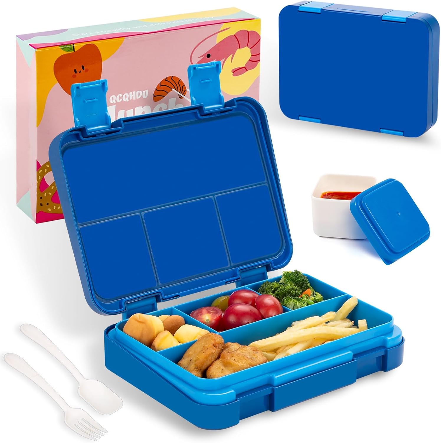 QCQHDU Children's Lunch Box with 5 Compartments - Lunch Box with Dividers, 1300 ml Bento Box for School, Nursery, Outdoor, Leakproof, Dishwasher Safe, BPA-Free, Food Container with Cutlery (Blue)