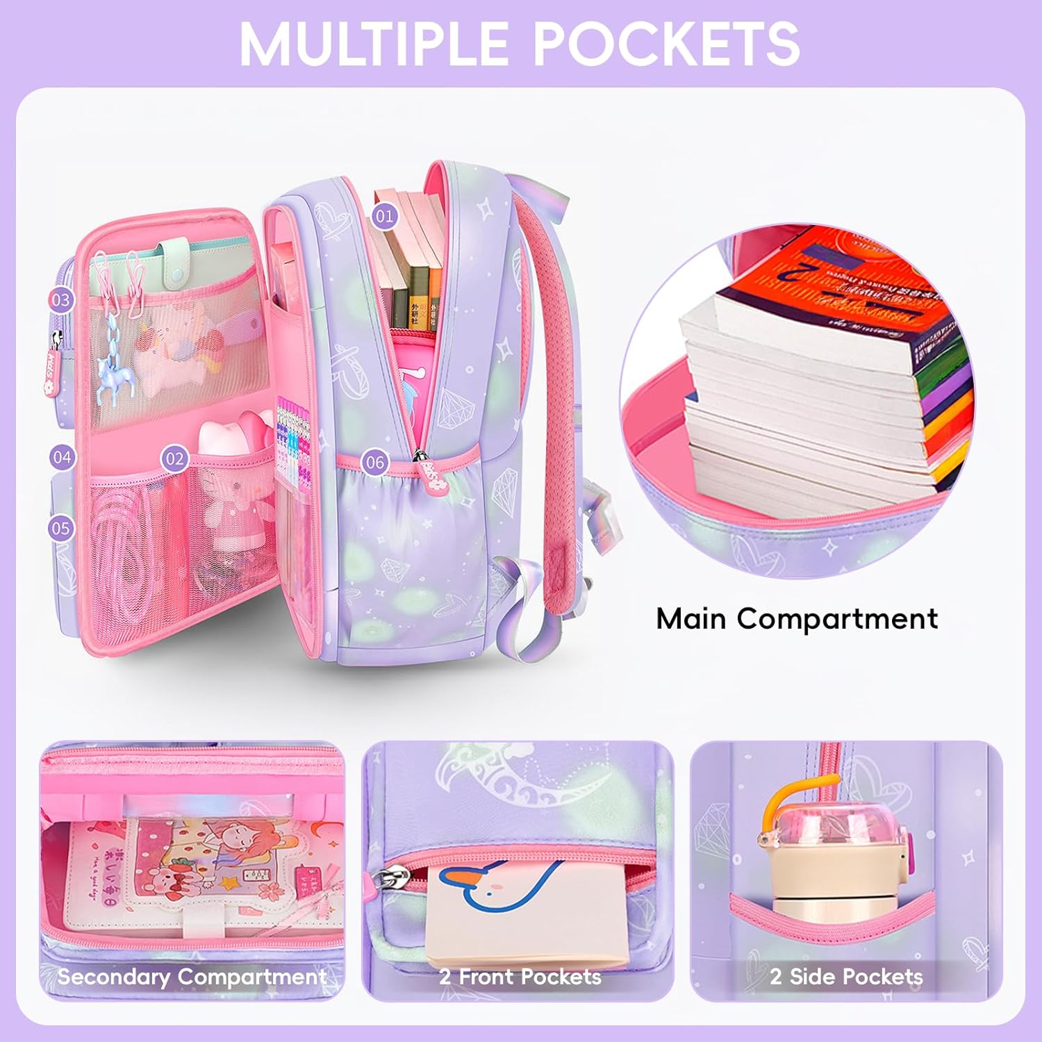 School Backpack Girls Set 3 in 1 with Lunch Bag Pencil Case, 2025 Backpack School Children's School Bag with Chest Strap Reflective, School Bag Kawaii Water-Repellent 26L, 6777, purple – Bild 3