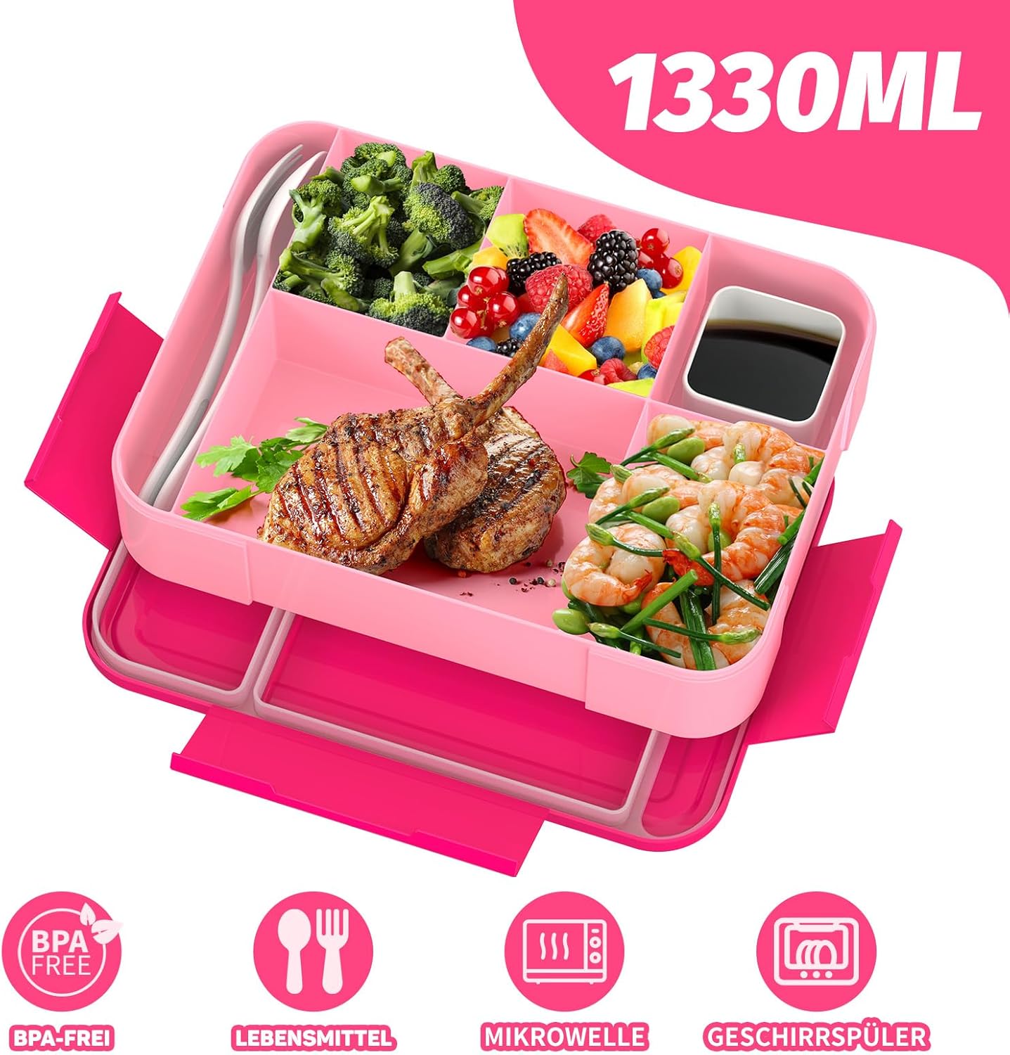 Children's Lunch Box with Compartments, 1300 ml Lunch Box Children, Bento Box with 5 Compartments, Cutlery Set, Leak-Proof Lunch Box for Nursery, School, Picnic, Excursion (Pink) – Bild 2
