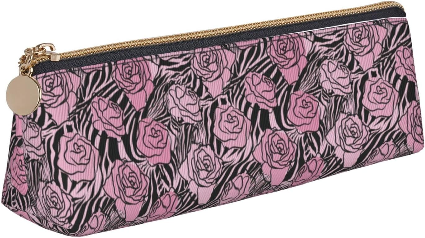 Federmäppchen mit Leoparden- und Rosen-Blumenmuster, Kosmetiktasche, Stifttasche, dreieckiges Leder, Aufbewahrungstasche mit Reißverschluss, Schreibwaren-Organizer für Erwachsene im Büro