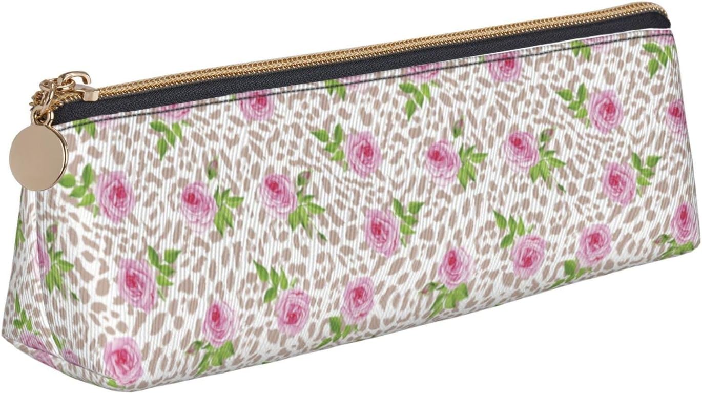 Federmäppchen mit Leoparden- und Rosen-Blumenmuster, Kosmetiktasche, Stifttasche, dreieckiges Leder, Aufbewahrungstasche mit Reißverschluss, Schreibwaren-Organizer für Erwachsene im Büro