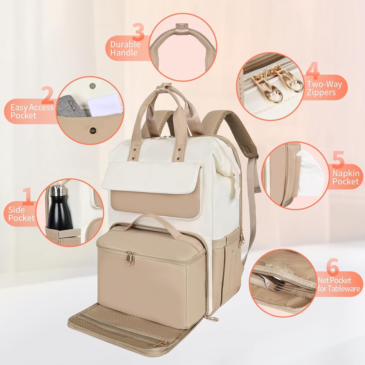 BERTASCHE Lunch Backpack, Laptop Backpack Women's 15.6 Inch with Insulated Cool Bag, 2-in-1 Work Backpack for Women/Work/Business/Travel/Teacher/School/University, Khaki Beige – Bild 5