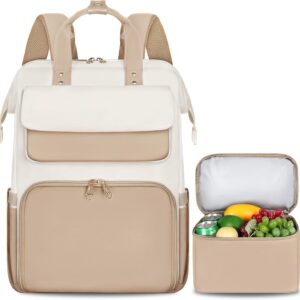 BERTASCHE Lunch Backpack, Laptop Backpack Women’s 15.6 Inch with Insulated Cool Bag, 2-in-1 Work Backpack for Women/Work/Business/Travel/Teacher/School/University, Khaki Beige