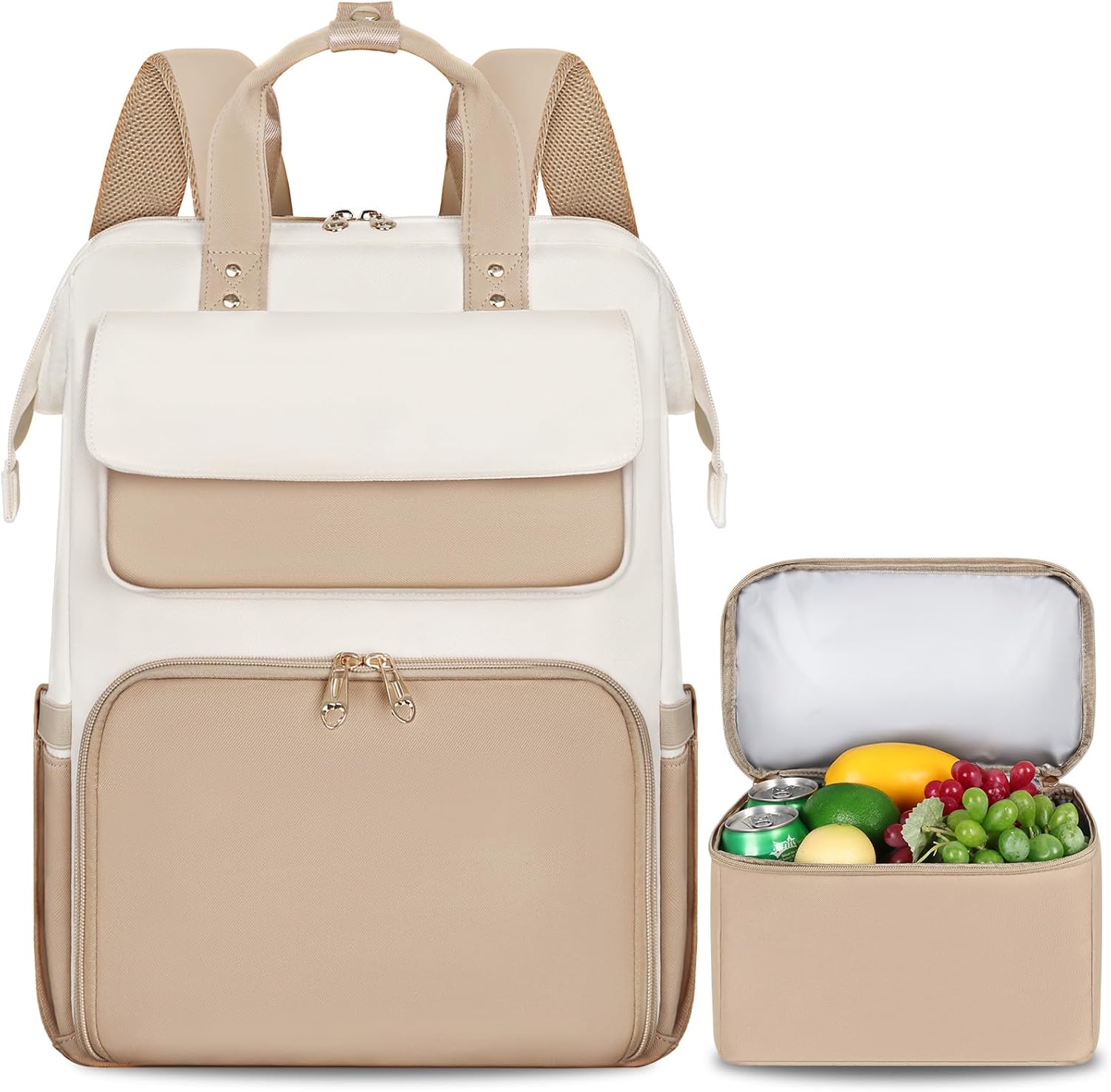 BERTASCHE Lunch Backpack, Laptop Backpack Women's 15.6 Inch with Insulated Cool Bag, 2-in-1 Work Backpack for Women/Work/Business/Travel/Teacher/School/University, Khaki Beige