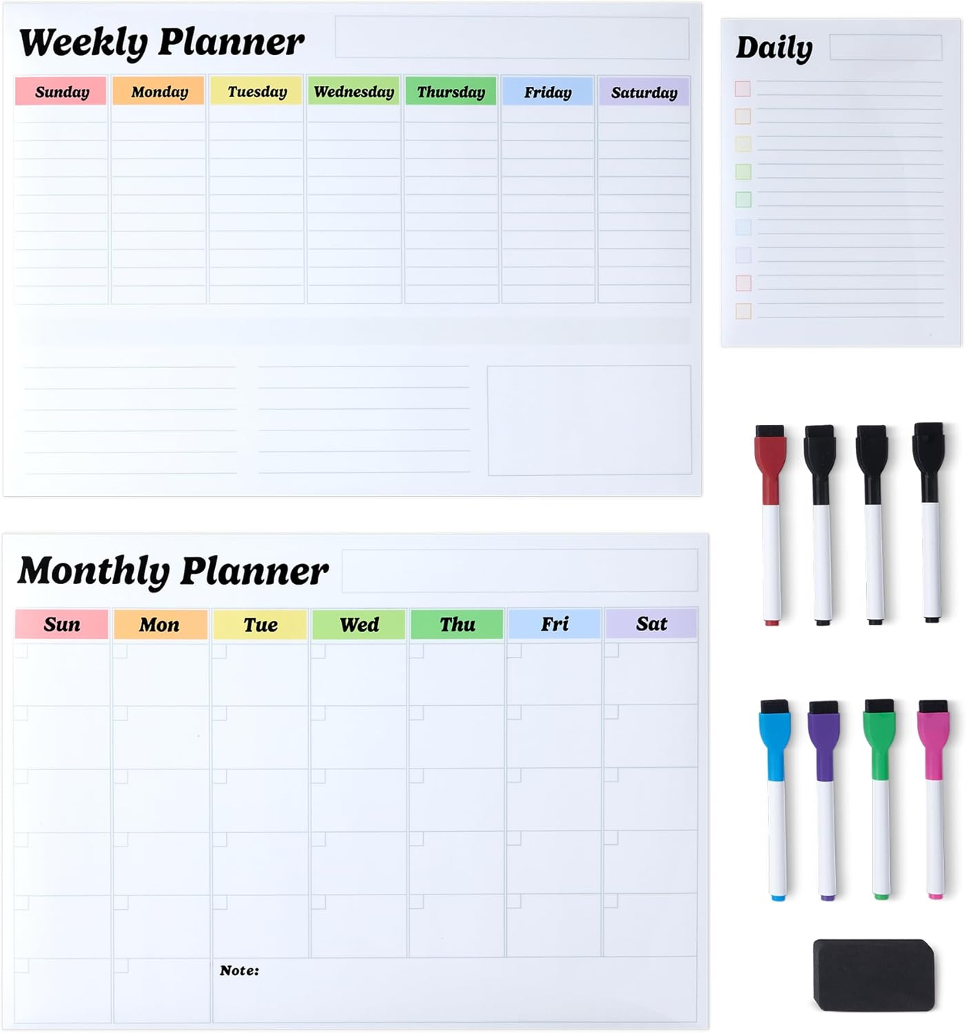 Amazon Basics Whiteboard Planner Set Magnetic Dry Erase Fridge Whiteboard Planner Set of 3, 8 Markers & Whiteboard Eraser - White