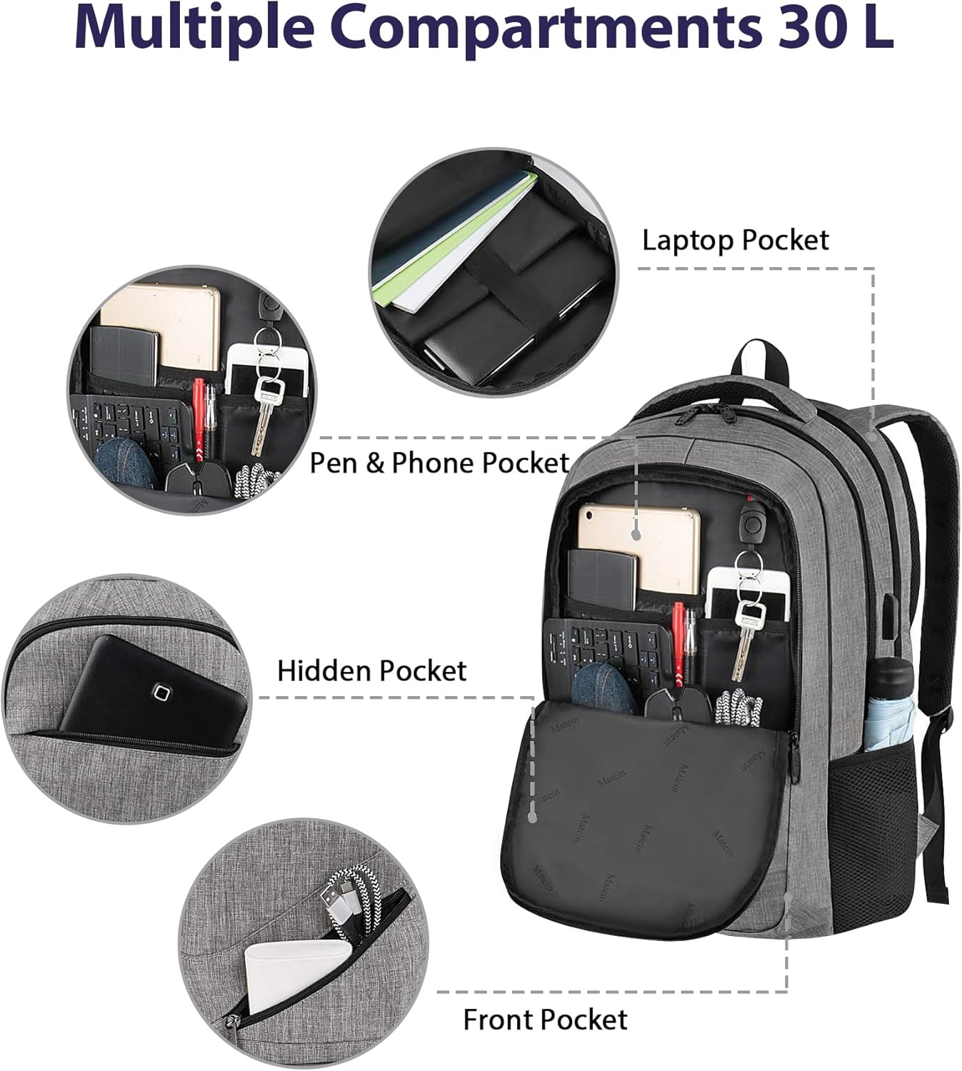 MATEIN Laptop Backpack Men's 17 Inch Large Waterproof Backpack Men's Travel Bag Work Business School Backpack with USB Charging Port, Anti Theft TSA Backpack Teenager Daypack, Grey – Bild 8