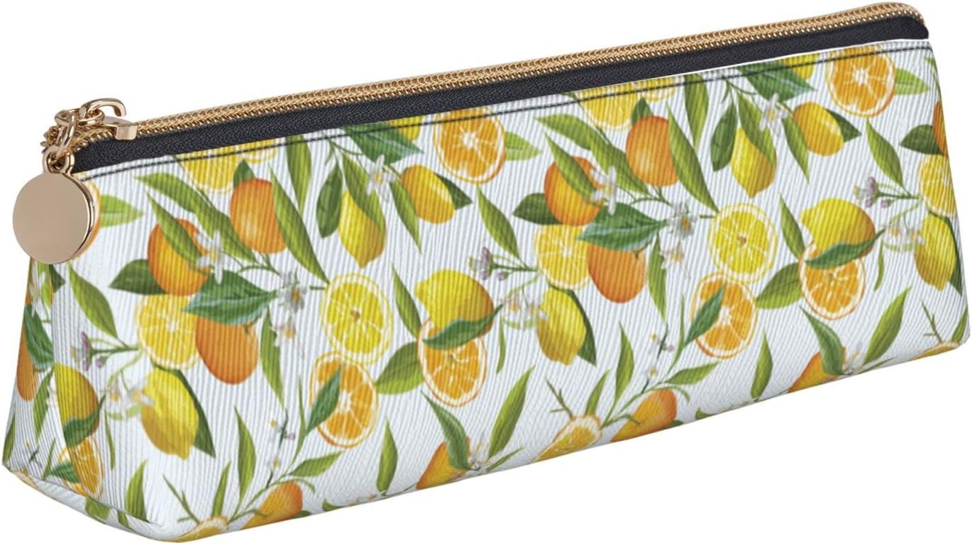 Federmäppchen mit Zitronen- und Orangenblüten-Motiv, Kosmetiktasche, Stiftetui, dreieckiges Leder, Aufbewahrungstasche, Schreibwaren-Organizer mit Reißverschluss, für das Büro von Erwachsenen