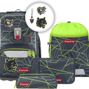Step by Step Giant 5-Piece School Bag Set, Green, Ergonomic Satchel with Reflectors, Height Adjustable with Hip and Chest Strap, for Children from 1st Grade, 23 Litres, Dark Cat Chiko, School bag