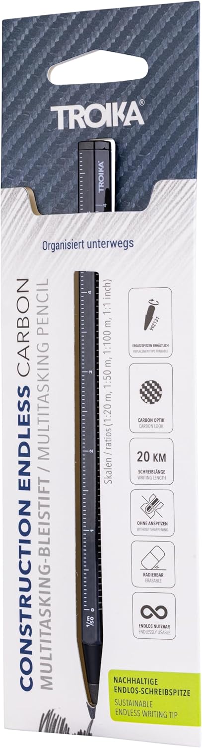 TROIKA Endless Lead Construction Endless Carbon Pencil with Centimetre / Inch Ruler Sustainable Continuous Writing Tip (Approx. 20 km) Interchangeable Aluminium Metal in Carbon Look – Bild 4