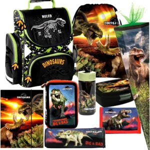 Dinosaur Dino 9-Piece Set T-Rex School Bag Satchel Bag Tornister Purse School Bag 85 cm Pencil Case with Sticker Kids4shop, blue, Dinosaur cartoon