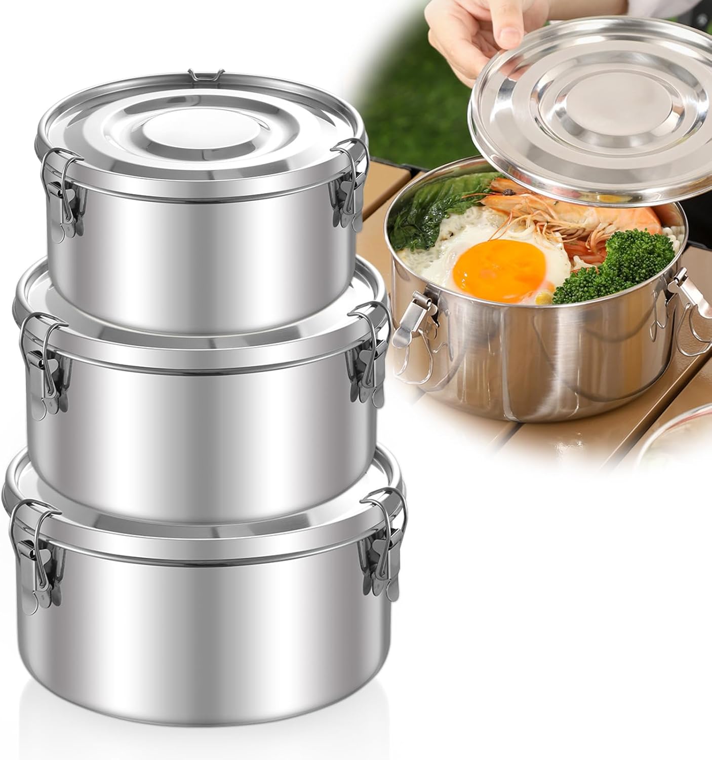 Lunch Box Stainless Steel Round, Pack of 3 Adult Lunch Box, Leak-Proof, BPA-Free Lunch Box for Adults and Children, Portable and Environmentally Friendly Lunch Box, 660, 1040, 1590 ml