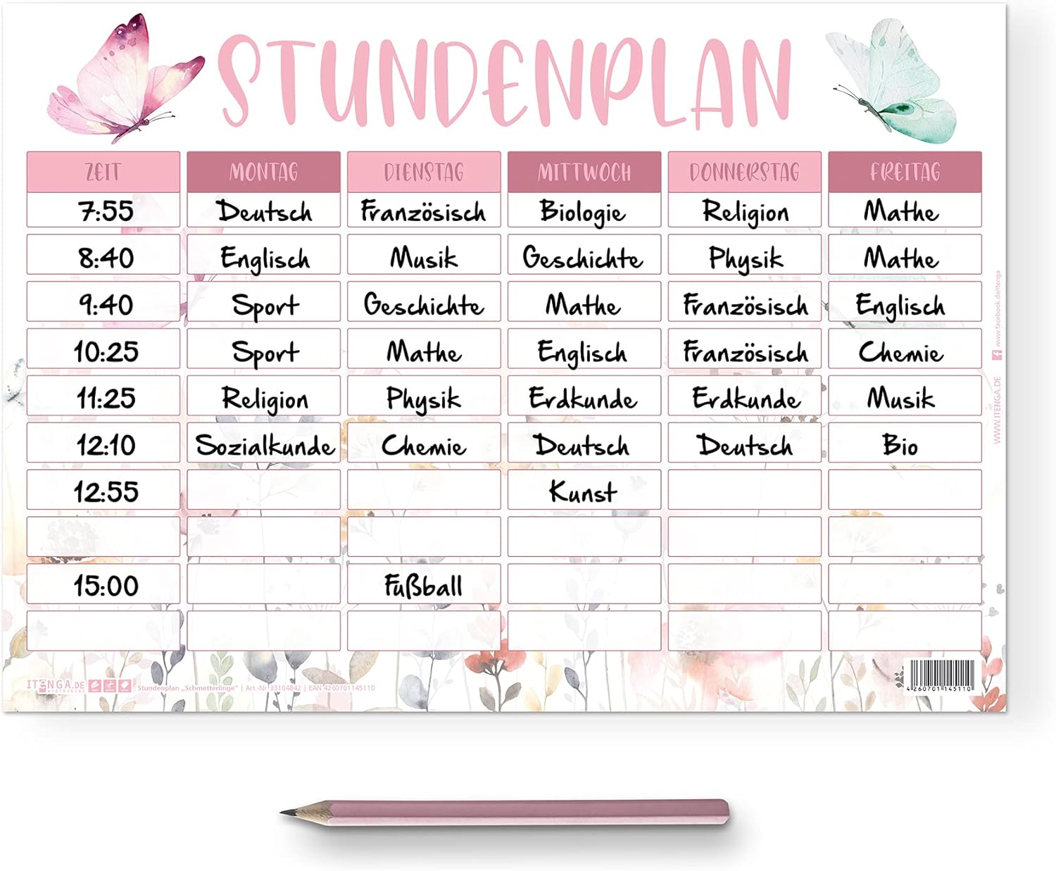 itenga Timetable DIN A4 with Motif Double-Sided One Side Wipeable 300 g Cardboard Timetable for Girls and Boys (Butterfly) – Bild 2