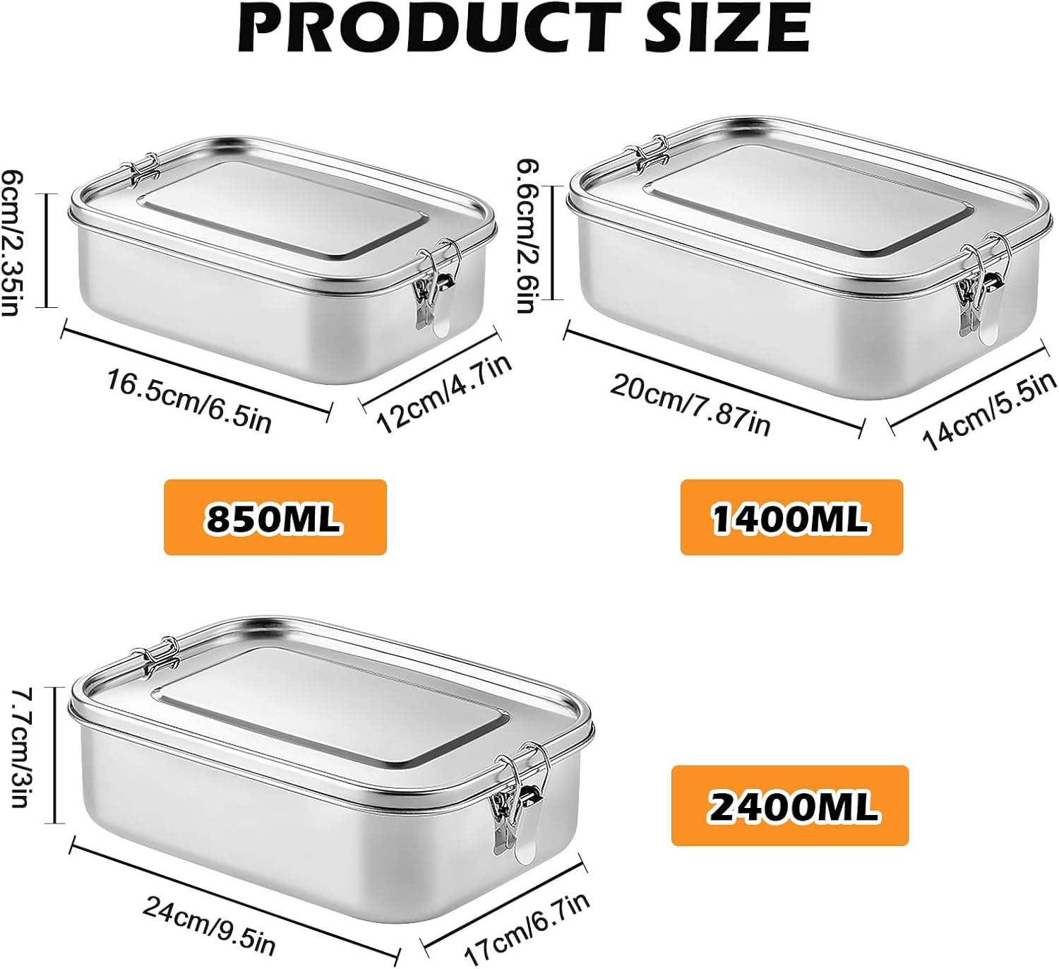 Stainless Steel Lunch Box, Pack of 3, Lunch Box, Leak-Proof Lunch Box with Compartments and Sealing Ring in Volumes 2400 ml, 1400 ml and 850 ml, 304 Steel Bento Boxes for School, Work – Bild 2
