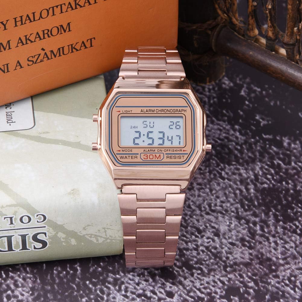 Tbest Old Digital Watch, Vintage Pink, B640Wc, Ceas Women's Digital Watch Digital LED Back Light Electronic Stainless Steel Strap Watch Rec Wristwatch Rose Gold – Bild 6