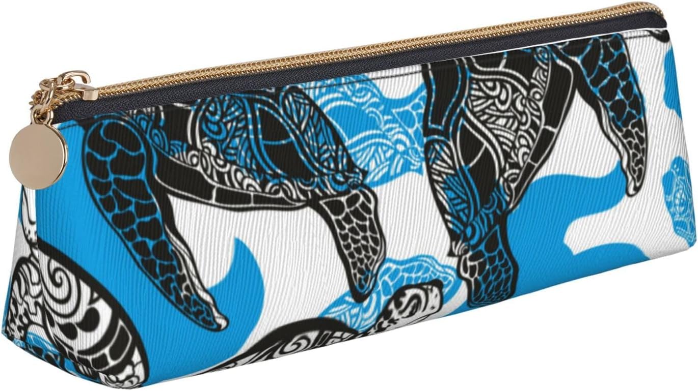 Federmäppchen mit Meeresschildkröten-Motiv, dreieckiges Stiftetui, tragbares Federmäppchen, Leder-Organizer mit Reißverschluss, Kosmetiktasche