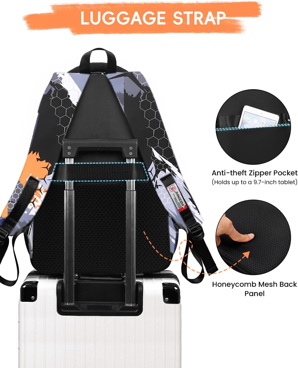Tanou School Backpack Boys Teenagers School Bag for Boys 10-18 Years, Waterproof School Bag Large Daypack for School Travel with Trolley Strap, black/orange – Bild 5
