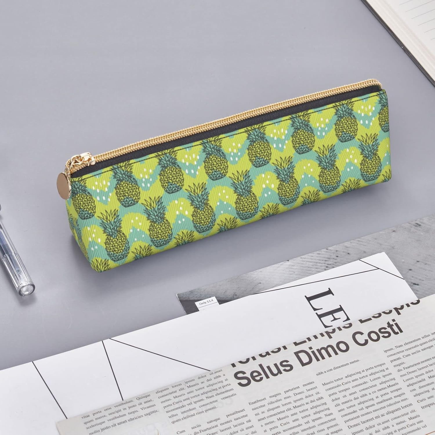 Tropical Fruit and Pine Pattern Pencil Case Cosmetic Bag Pen Pouch Triangle Leather Storage Bag Stationery Organizer with Zipper for Adults Office, Tropical Fruit Of Pineapple Pattern 01, Bag – Bild 8