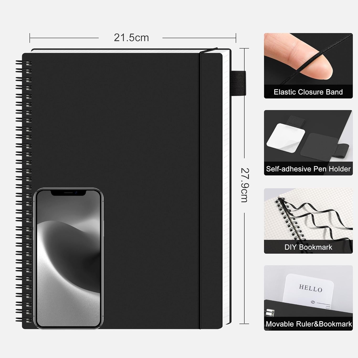 RETTACY Notebook A4 Squared, College Pad with 55 Sheets / 110 Pages, PVC Softcover Spiral Book with 100 g/m² Paper, Suitable for Learning, College, Conferences, Diary, 21.5 x 27.9 cm - Black – Bild 2