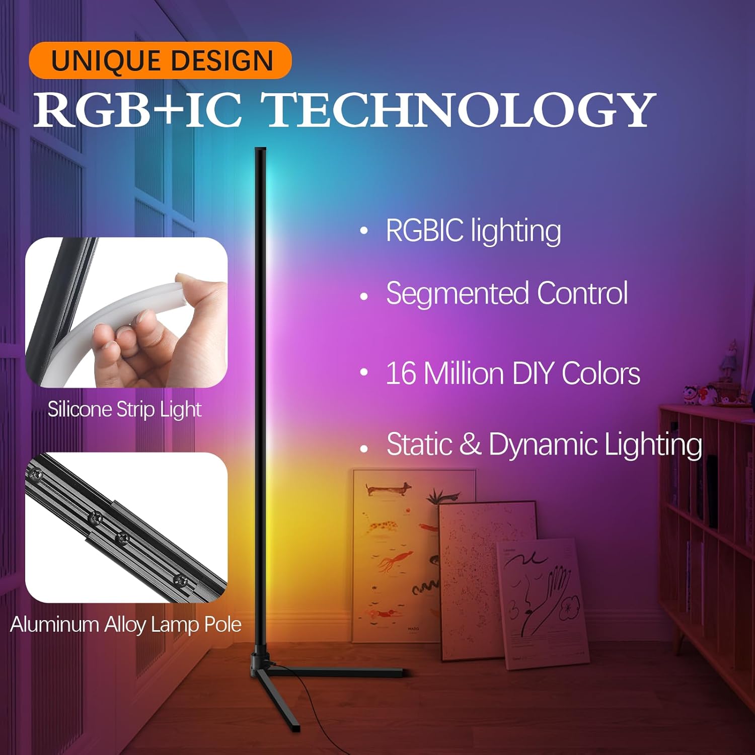 LED Corner Lamp, WiFi RGBCW Floor Lamp Living Room Dimmable LED Floor Lamp Compatible with Alexa/Google Home, Corner Light with Remote Control, Modern Reading Lamp, Smart Floor Lamp, Bedroom – Bild 8