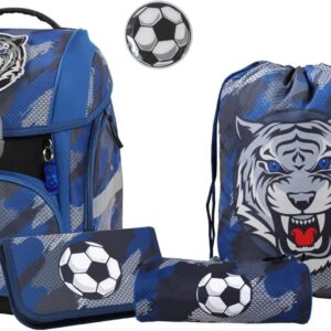 FaBAG Soccer/Tiger 78023-072 5-Piece School Bag Set with Gym Bag, Pencil Case, Pencil Case and Individual Patches, Lightweight and Ergonomic, Approx. 22 L Volume