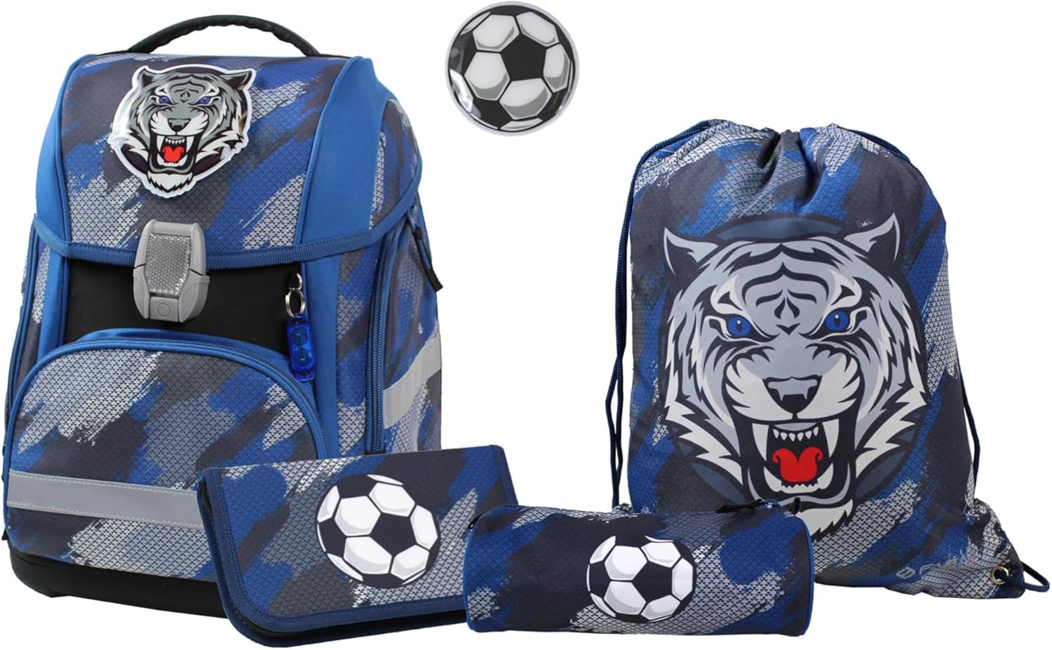 FaBAG Soccer/Tiger 78023-072 5-Piece School Bag Set with Gym Bag, Pencil Case, Pencil Case and Individual Patches, Lightweight and Ergonomic, Approx. 22 L Volume