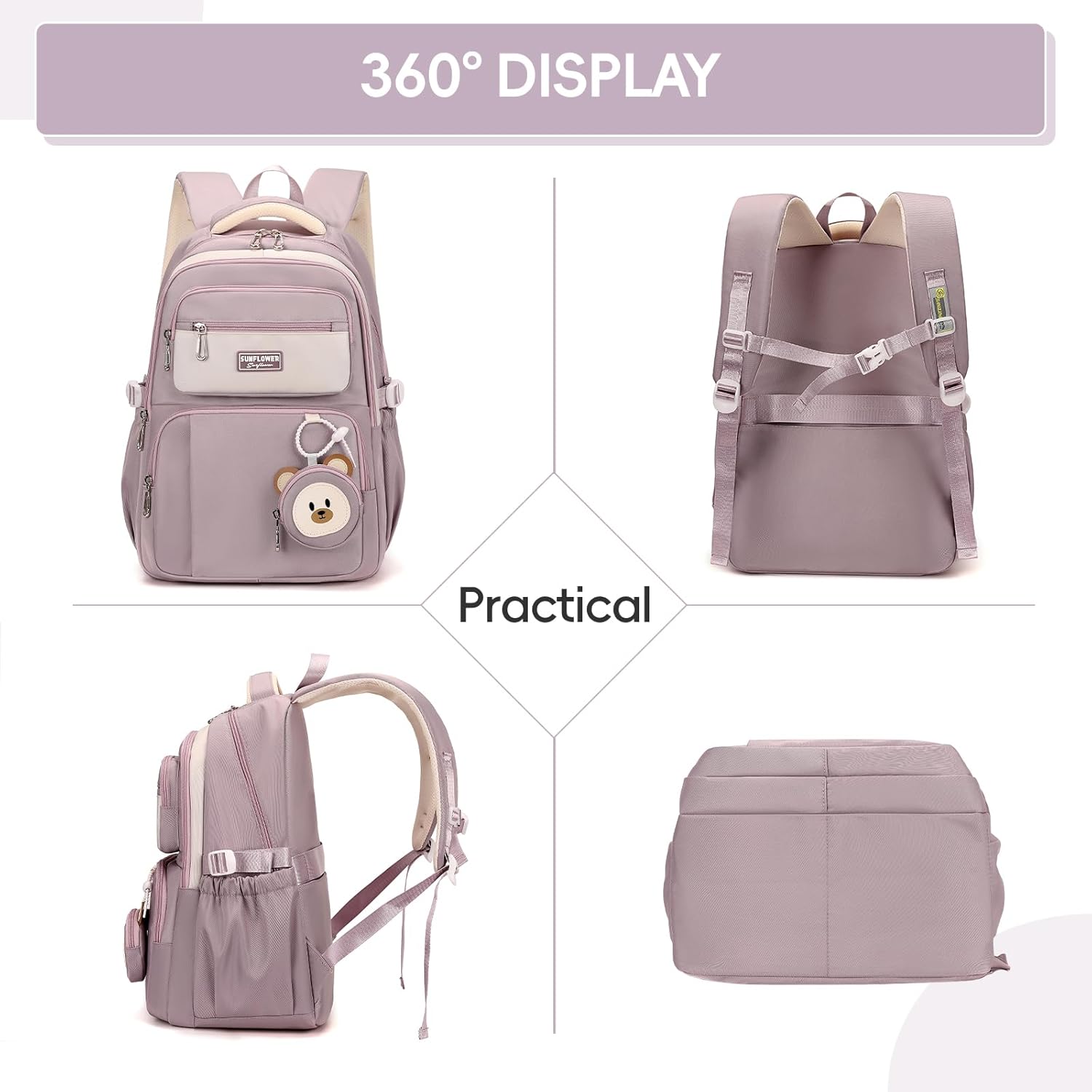 School Backpack Teenager Backpack Girls School Bag for 3rd 5th Grade, 40L Large Children's Backpack with Cute Coin Purse for 9-18 Years, Casual Daypack with Trolley Strap - Purple – Bild 7