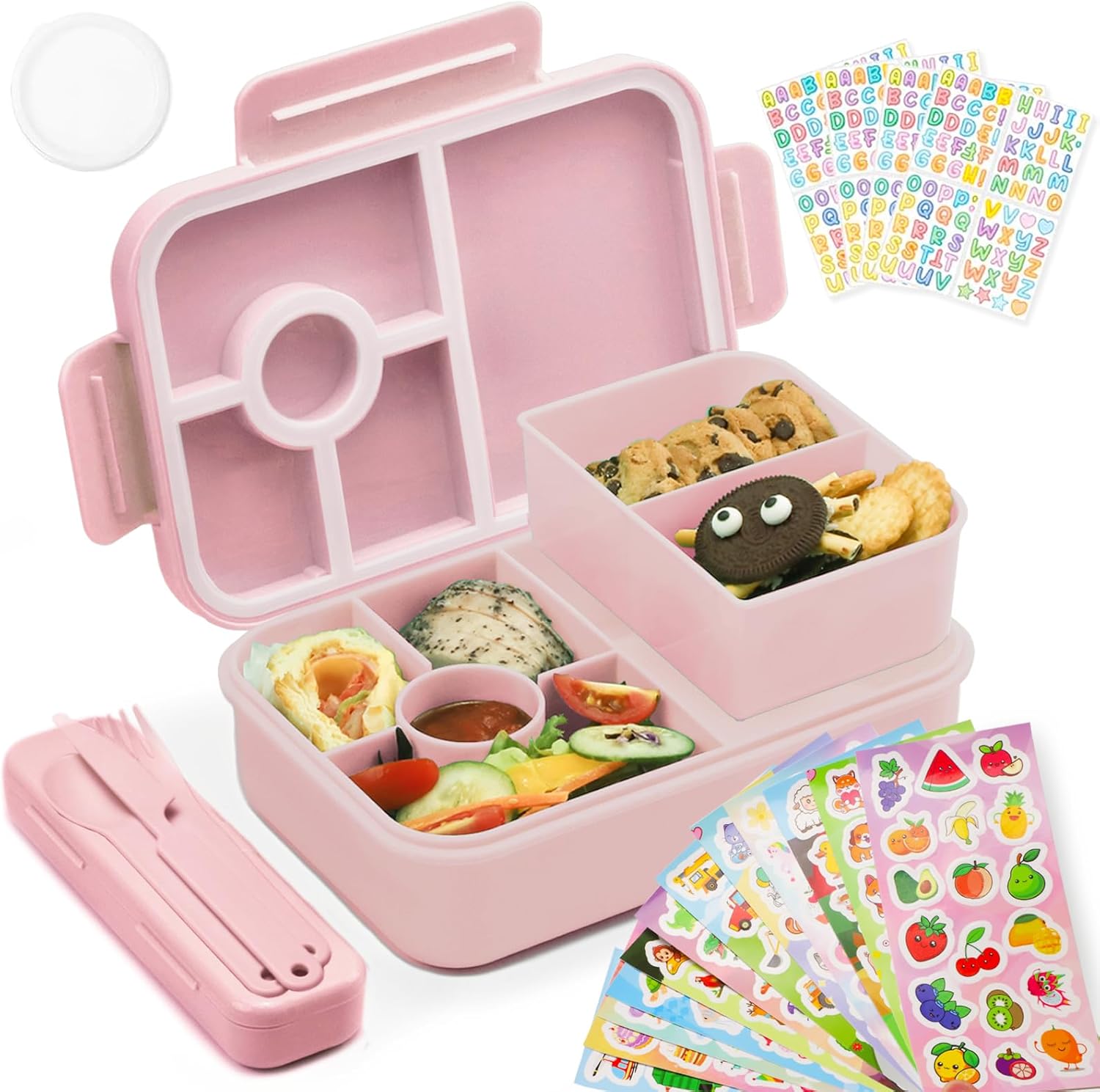 Bugucat Children's Lunch Box with Compartments, 1300 ml, Leak-Proof Lunch Box Children with 16 Stickers, Bento Box with Cutlery Set, Lunch Box, Lunch Box, Breakfast Box for Girls and Boys, Pink