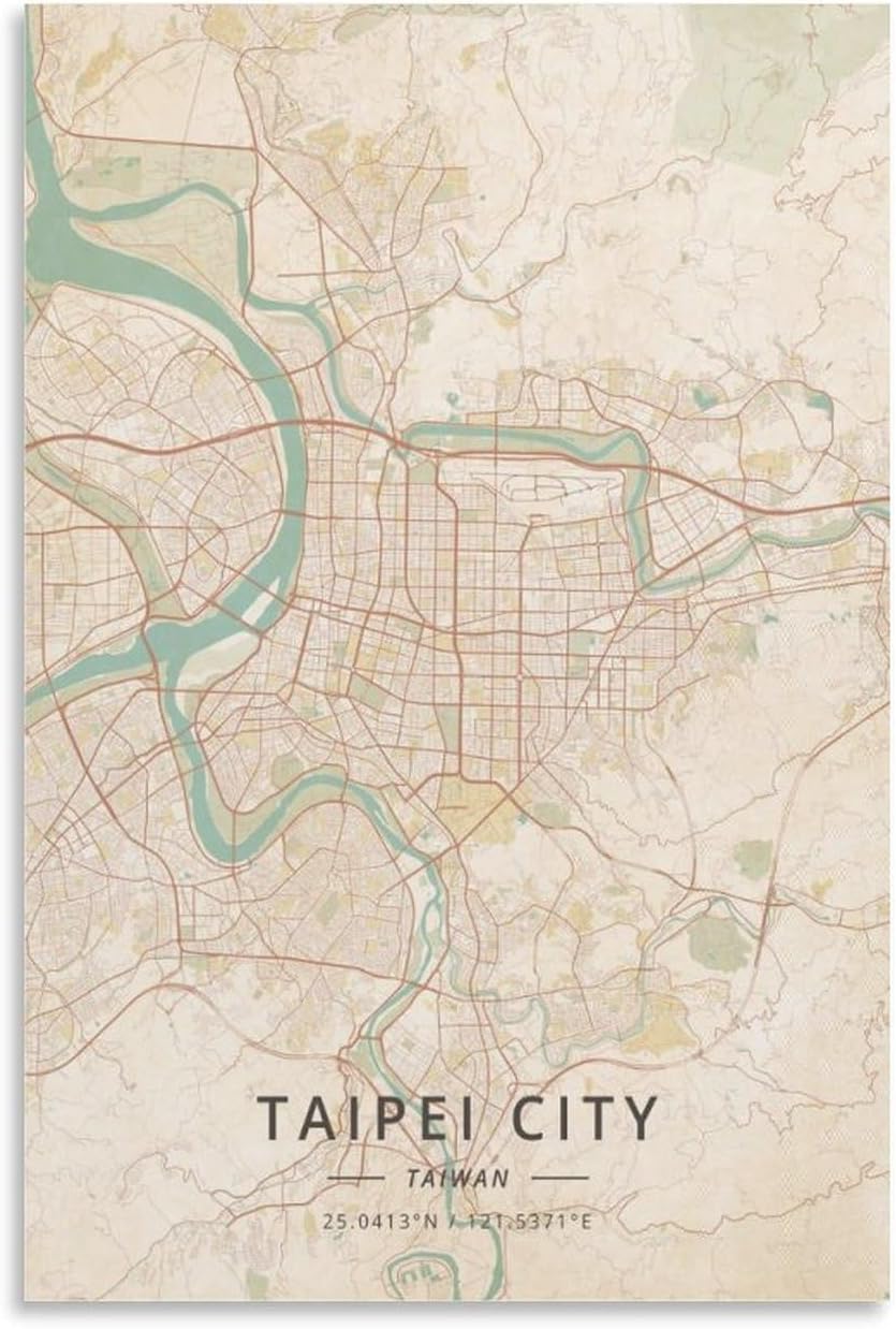 LZTEN Taipeh Stadtkarte Taiwan Poster, Vintage-Druck, Leinwand, Wandkunstdruck, Poster für Zuhause, Schule, Büro, Dekoration, ungerahmt, 60 x 90 cm