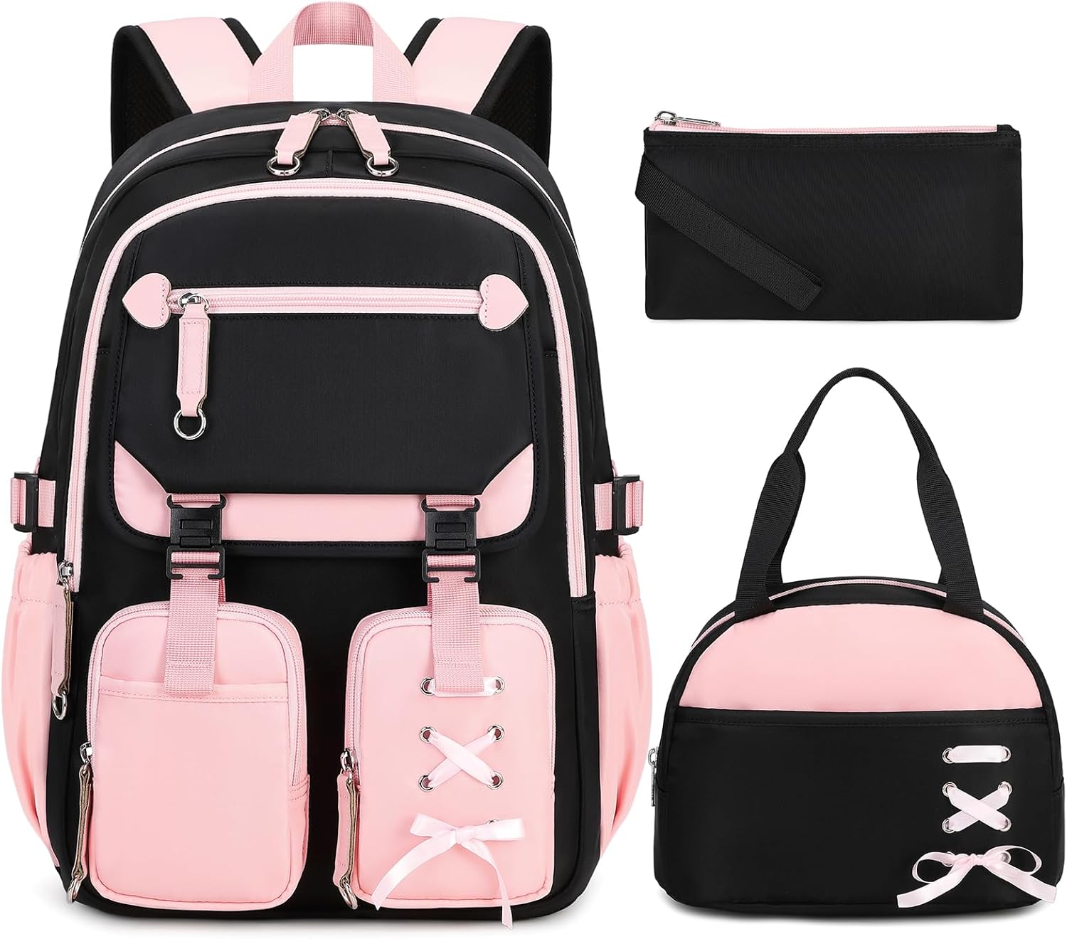 Tanou School Backpack Girls Teenagers 3-Piece Casual School Bag for Girls with Lunch Bag Pencil Case Stylish Multiple Compartments Children's School Bag Casual Daypack