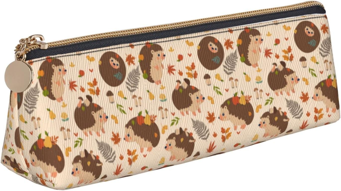Cute Hedgehog and Mushroom Pattern Pencil Case Cosmetic Bag Pencil Case Triangle Leather Storage Bag Stationery Organizer with Zipper for Adult Office, Cute Hedgehog And Mushroom Pattern 02,