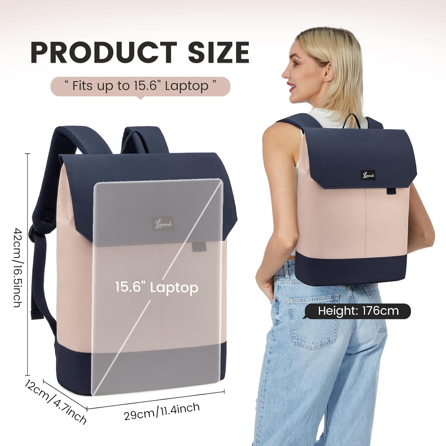 LOVEVOOK Women's Elegant Daypack, Waterproof Daypack with Laptop Compartment 15.6 Inch & Anti-Theft Bag for Trips, University, School and Office, Pink/dark blue – Bild 3